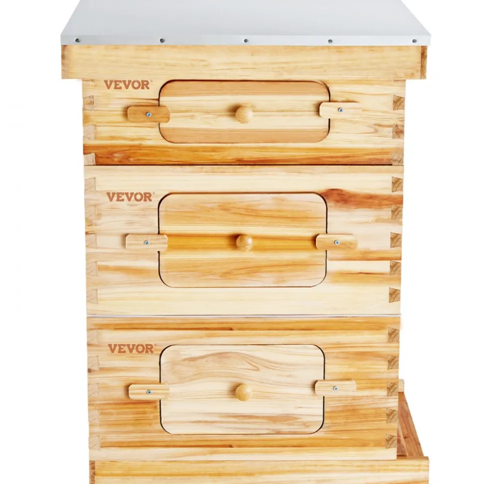 VEVOR Bee Hive 20 Frame Bee Hives Starter Kit, Beeswax Coated Fir Wood, 1 Deep + 1 Medium Bee Boxes Langstroth Beehive Kit, Transparent Acrylic Windows with Foundations for Beginners Pro Beekeepers