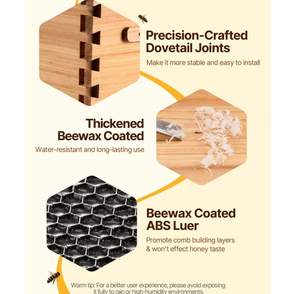 VEVOR Bee Hive Medium Box Starter Kit, 100% Beeswax Coated Natural Fir Wood, Langstroth Beehive Kit with 10 Frames and Foundations, Transparent Acrylic Bee Windows for Beginners and Pro Beekeepers