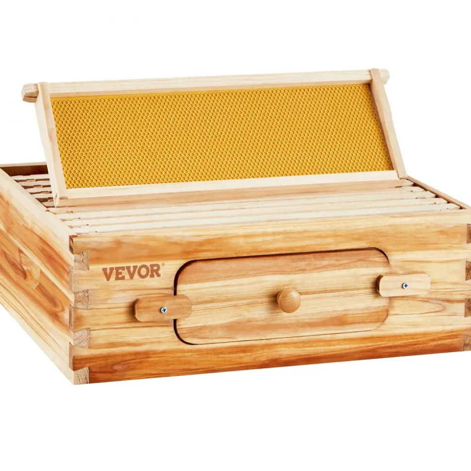 VEVOR Bee Hive Medium Box Starter Kit, 100% Beeswax Coated Natural Fir Wood, Langstroth Beehive Kit with 10 Frames and Foundations, Transparent Acrylic Bee Windows for Beginners and Pro Beekeepers
