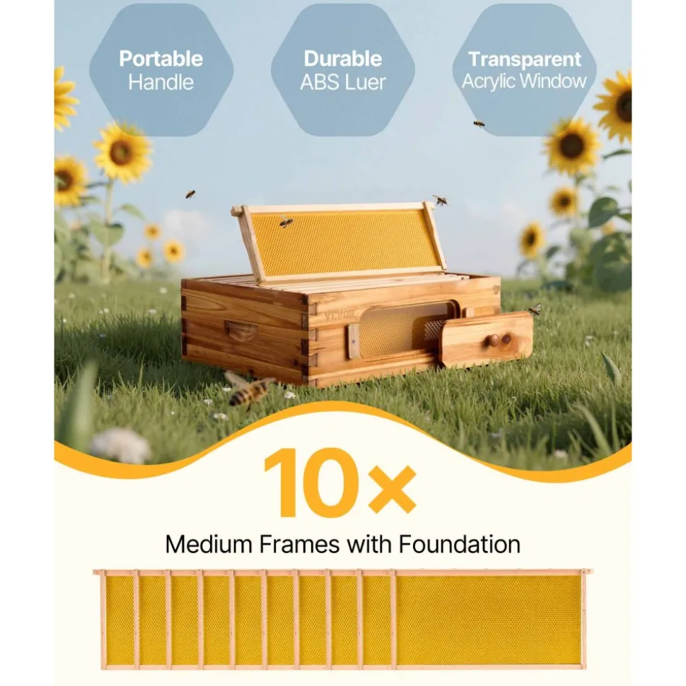 VEVOR Bee Hive Medium Box Starter Kit, 100% Beeswax Coated Natural Fir Wood, Langstroth Beehive Kit with 10 Frames and Foundations, Transparent Acrylic Bee Windows for Beginners and Pro Beekeepers