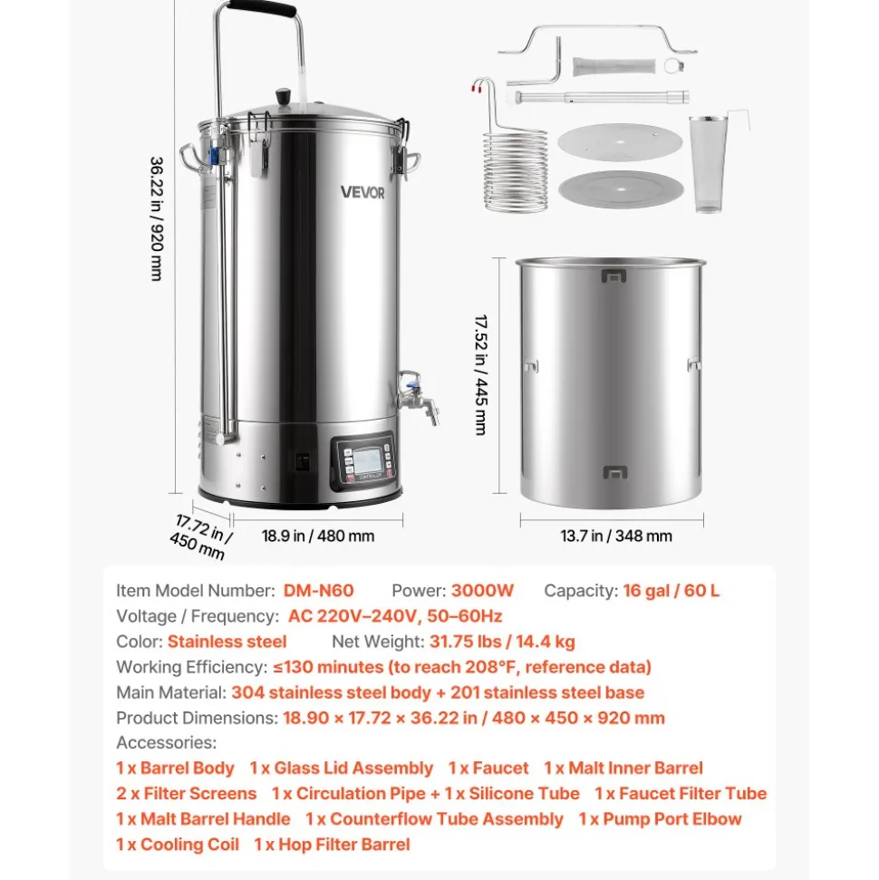 VEVOR Beer Brewing Equipment, 16 Gal/60L Beer Maker with Anti-Burn Pump and Wort Chiller,3000W All-in-One Home Brewing Kit with Digital Control, Recipe Memory & Timer, Removable mesh strainer