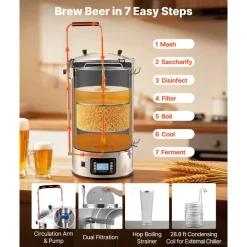VEVOR Beer Brewing Equipment, 16 Gal/60L Beer Maker with Anti-Burn Pump and Wort Chiller,3000W All-in-One Home Brewing Kit with Digital Control, Recipe Memory & Timer, Removable mesh strainer