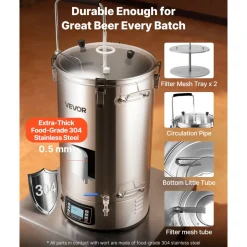 VEVOR Beer Brewing Equipment, 16 Gal/60L Beer Maker with Anti-Burn Pump and Wort Chiller,3000W All-in-One Home Brewing Kit with Digital Control, Recipe Memory & Timer, Removable mesh strainer