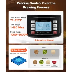 VEVOR Beer Brewing Equipment, 16 Gal/60L Beer Maker with Anti-Burn Pump and Wort Chiller,3000W All-in-One Home Brewing Kit with Digital Control, Recipe Memory & Timer, Removable mesh strainer