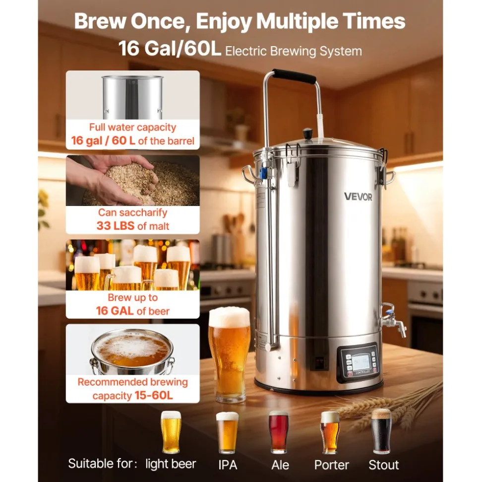VEVOR Beer Brewing Equipment, 16 Gal/60L Beer Maker with Anti-Burn Pump and Wort Chiller,3000W All-in-One Home Brewing Kit with Digital Control, Recipe Memory & Timer, Removable mesh strainer