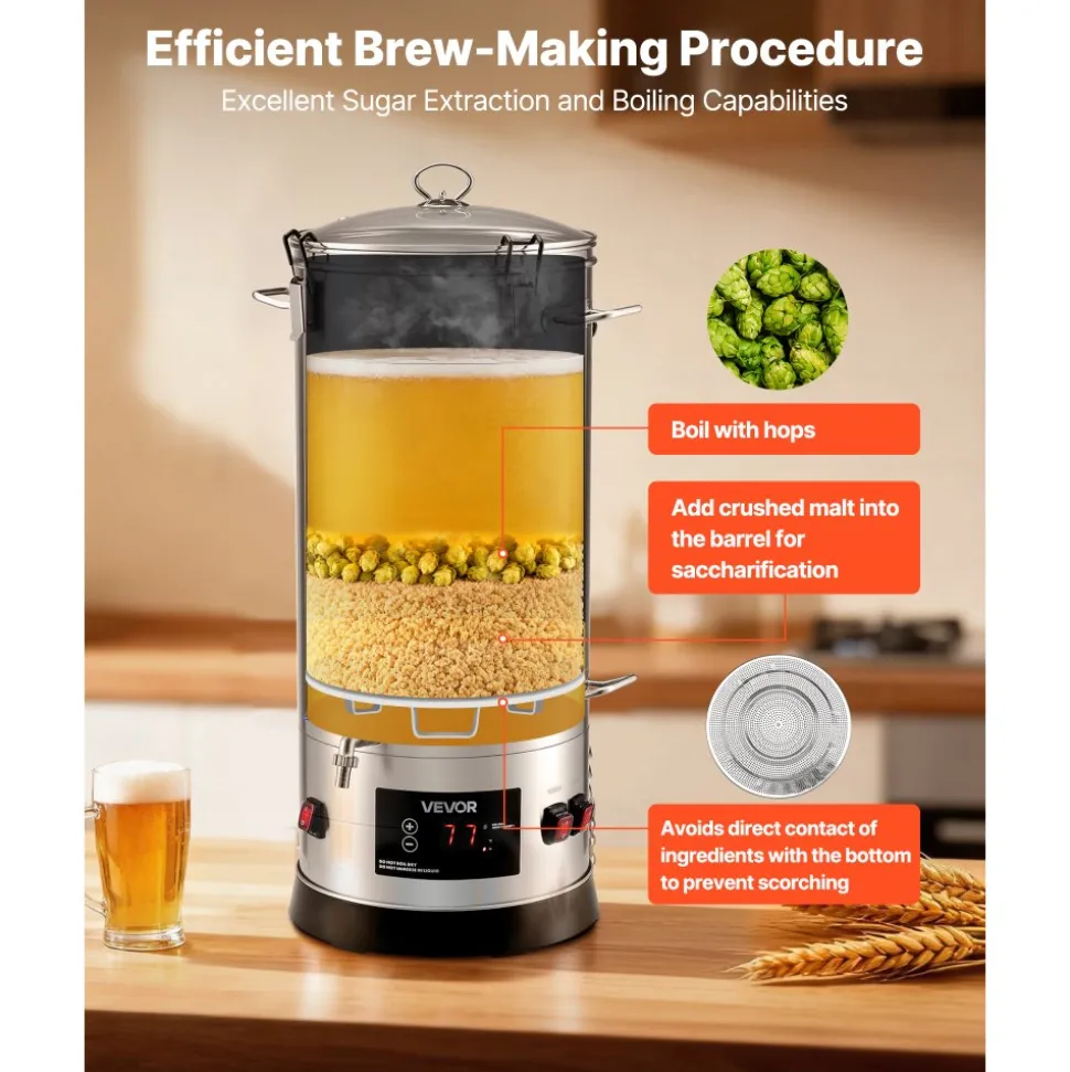 VEVOR Beer Brewing Equipment, 8 Gal/30L 304 Stainless Steel Home Beer Brewer,1500W All-in-One Home Brewing Kit with Tall strainer, Integrated Inner Barrel & Reinforced Handle