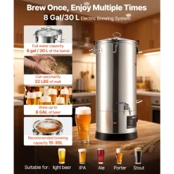 VEVOR Beer Brewing Equipment, 8 Gal/30L 304 Stainless Steel Home Beer Brewer,1500W All-in-One Home Brewing Kit with Tall strainer, Integrated Inner Barrel & Reinforced Handle