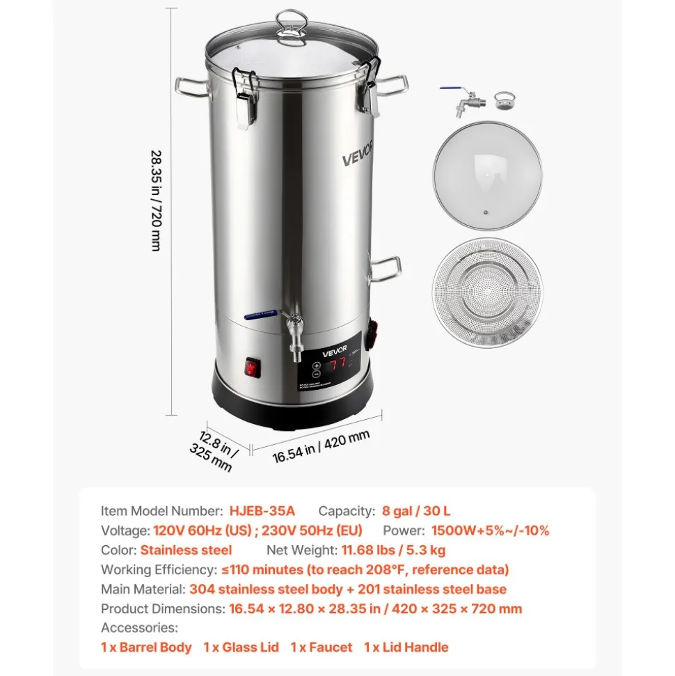 VEVOR Beer Brewing Equipment, 8 Gal/30L 304 Stainless Steel Home Beer Brewer,1500W All-in-One Home Brewing Kit with Tall strainer, Integrated Inner Barrel & Reinforced Handle
