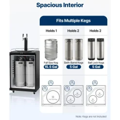 VEVOR Beer Kegerator, Dual Tap Draft Beer Dispenser, Full Size Keg Refrigerator With Shelves, CO2 Cylinder, Drip Tray & Rail, 32°F- 75.2°F Temperature Control, Holds 1/6, 1/4, 1/2 Barrels, Black