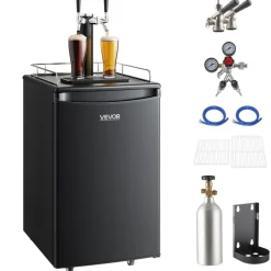 VEVOR Beer Kegerator, Dual Tap Draft Beer Dispenser, Full Size Keg Refrigerator with CO2 Cylinder, Shelves, Drip Tray & Rail, 32°F- 50°F Temperature Control, Hold 1/6, 1/4, 1/2 Barrels, Black