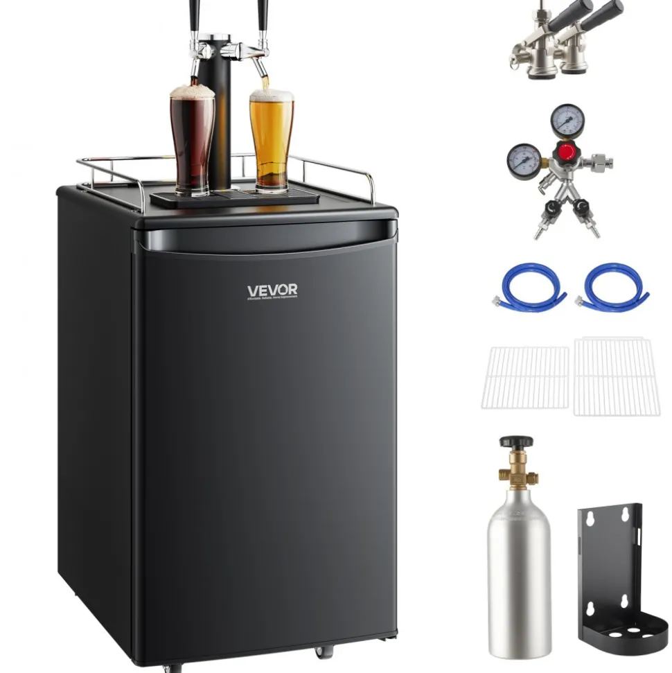 VEVOR Beer Kegerator, Dual Tap Draft Beer Dispenser, Full Size Keg Refrigerator with CO2 Cylinder, Shelves, Drip Tray & Rail, 32°F- 50°F Temperature Control, Hold 1/6, 1/4, 1/2 Barrels, Black