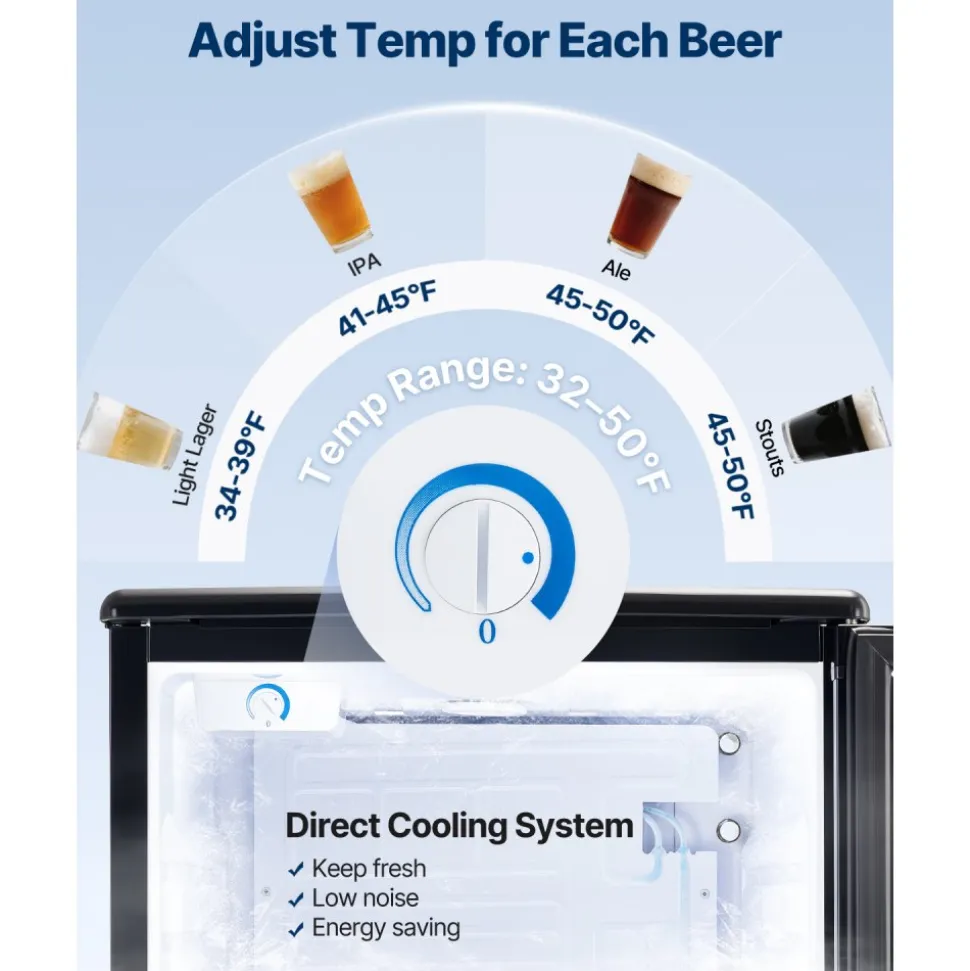 VEVOR Beer Kegerator, Dual Tap Draft Beer Dispenser, Full Size Keg Refrigerator with CO2 Cylinder, Shelves, Drip Tray & Rail, 32°F- 50°F Temperature Control, Hold 1/6, 1/4, 1/2 Barrels, Black
