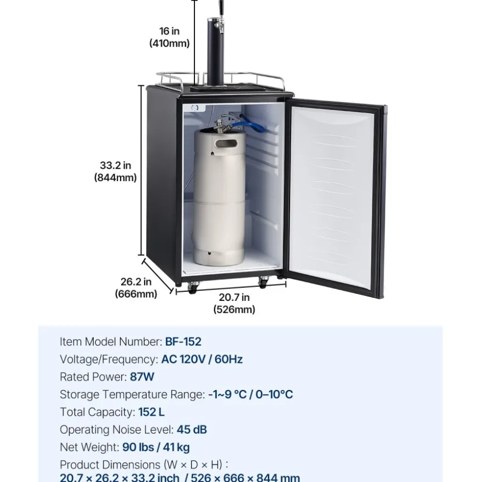 VEVOR Beer Kegerator, Single Tap Draft Beer Dispenser, Full Size Keg Refrigerator with Shelves, CO2 Cylinder, Drip Tray & Rail, 32°F- 50°F Temperature Control, Holds 1/6, 1/4, 1/2 Barrels, Black