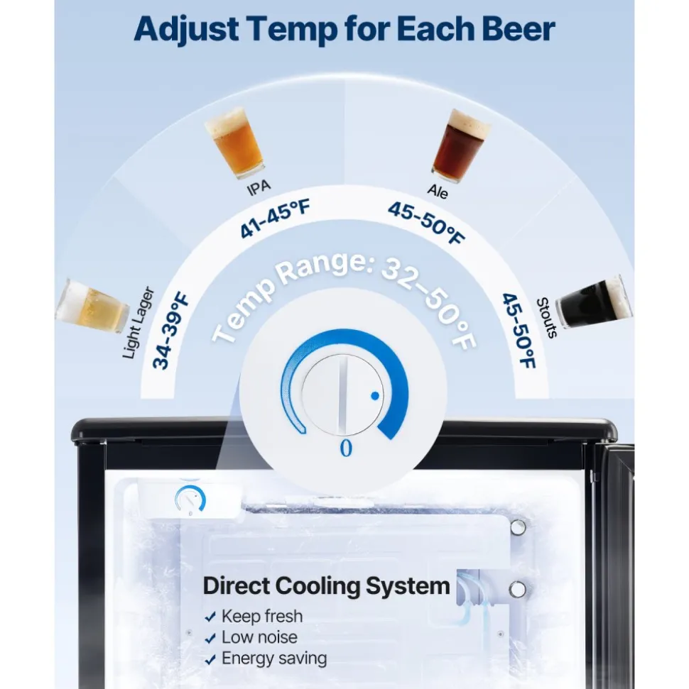 VEVOR Beer Kegerator, Single Tap Draft Beer Dispenser, Full Size Keg Refrigerator with Shelves, CO2 Cylinder, Drip Tray & Rail, 32°F- 50°F Temperature Control, Holds 1/6, 1/4, 1/2 Barrels, Black