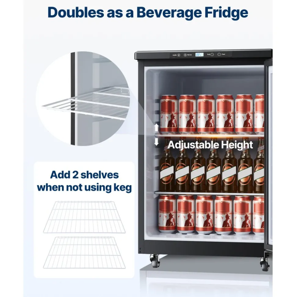 VEVOR Beer Kegerator, Single Tap Draft Beer Dispenser, Full Size Keg Refrigerator With Shelf, CO2 Tank(No Gas), Drip Tray & Rail, 23°F- 82.4°F Temperature Control, 162L, Silver