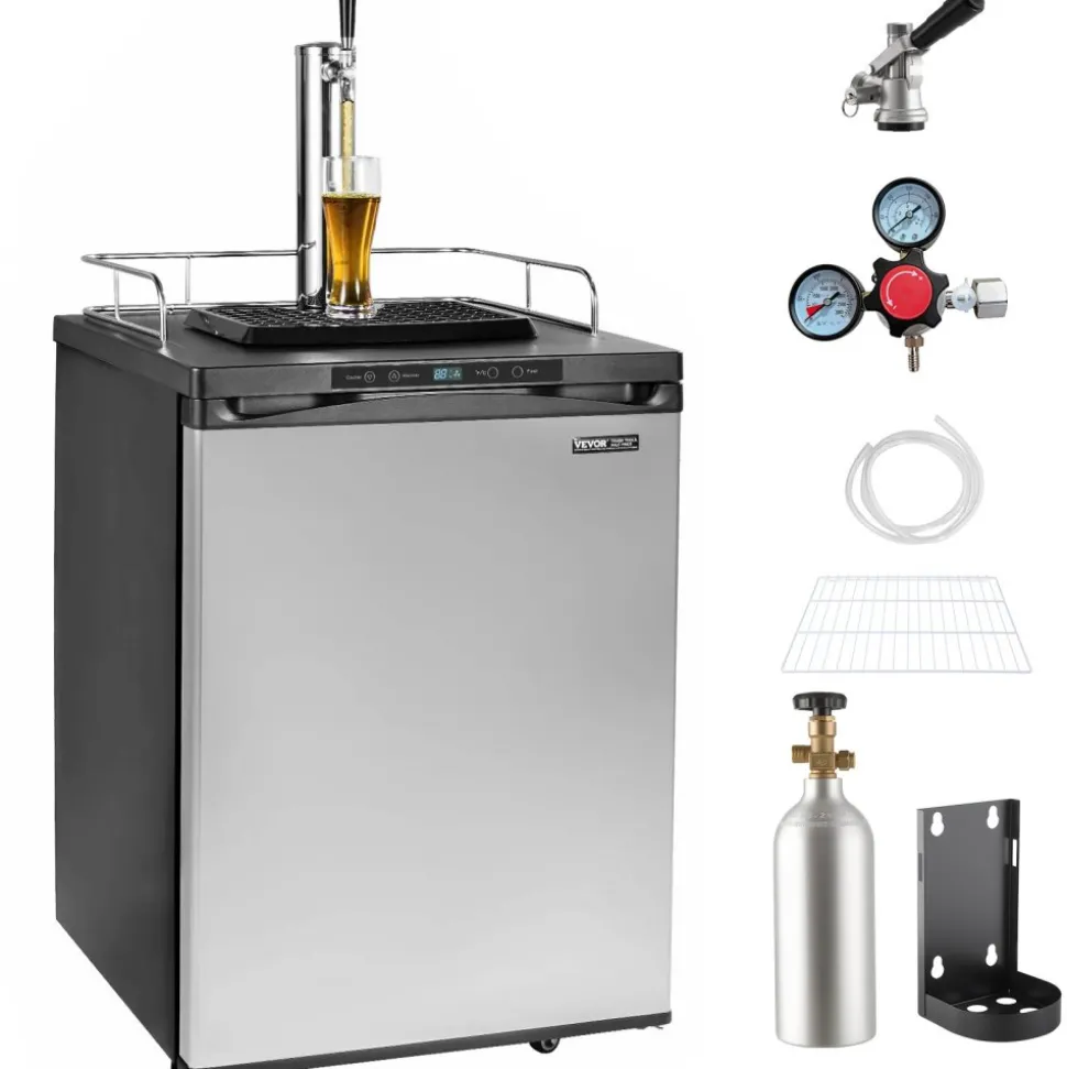 VEVOR Beer Kegerator, Single Tap Draft Beer Dispenser, Full Size Keg Refrigerator With Shelf, CO2 Tank(No Gas), Drip Tray & Rail, 23°F- 82.4°F Temperature Control, 162L, Silver