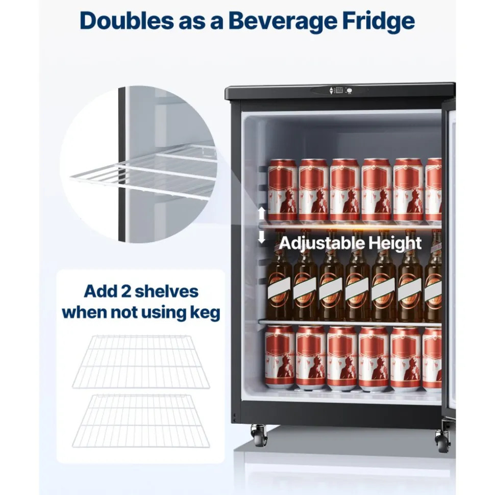 VEVOR Beer Kegerator, Single Tap Draft Beer Dispenser, Full Size Keg Refrigerator With Shelves, CO2 Cylinder, Drip Tray & Rail, 32°F- 75.2°F Temperature Control, Holds 1/6, 1/4, 1/2 Barrels, Silver