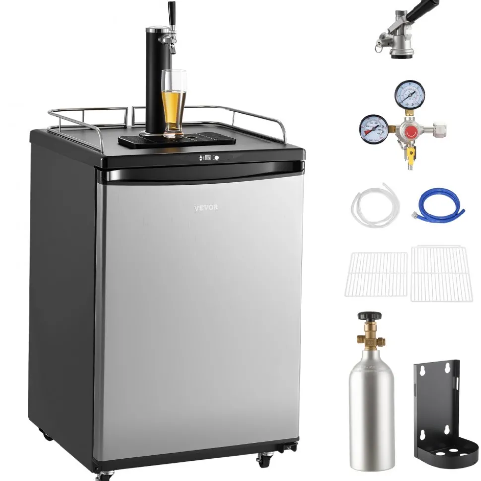 VEVOR Beer Kegerator, Single Tap Draft Beer Dispenser, Full Size Keg Refrigerator With Shelves, CO2 Cylinder, Drip Tray & Rail, 32°F- 75.2°F Temperature Control, Holds 1/6, 1/4, 1/2 Barrels, Silver