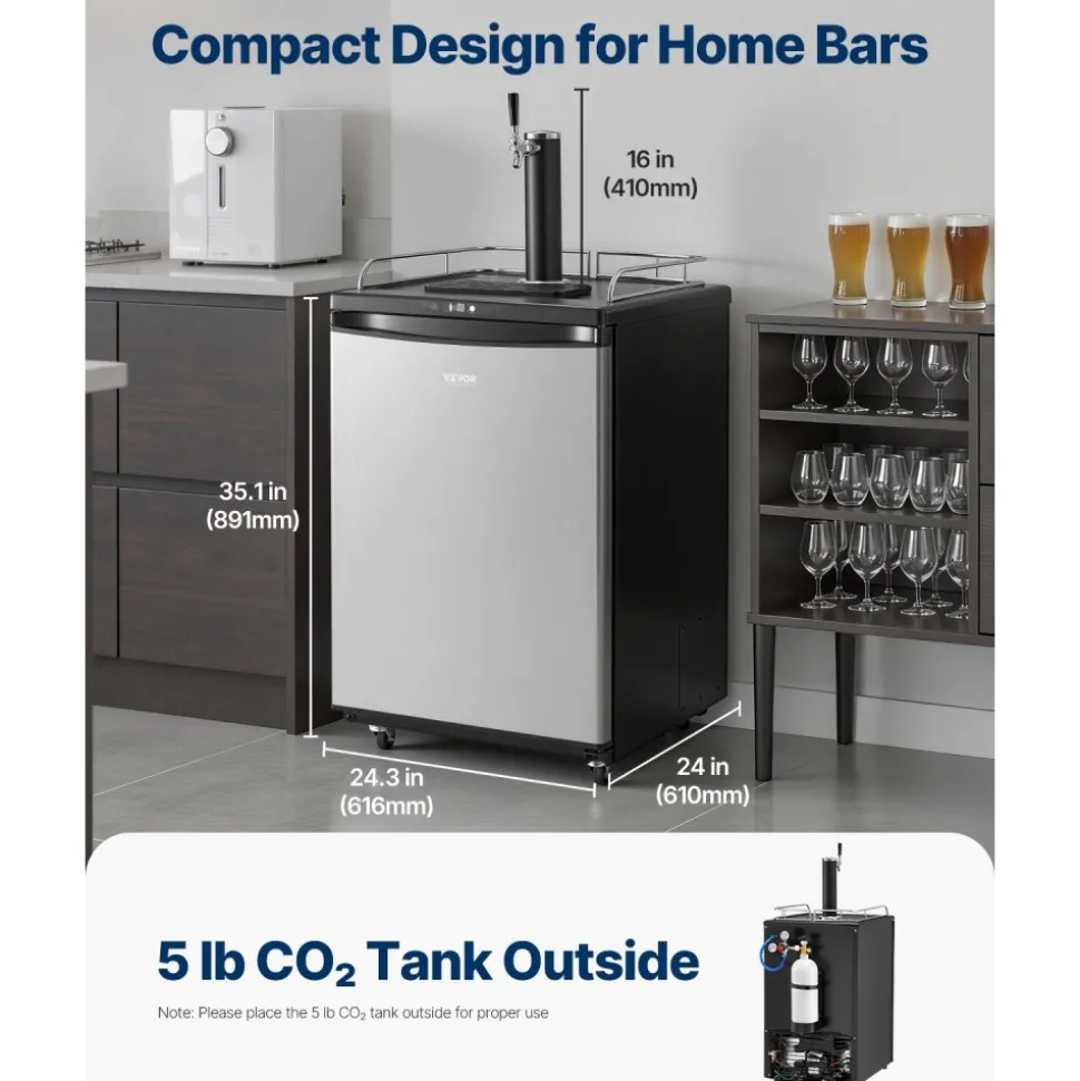 VEVOR Beer Kegerator, Single Tap Draft Beer Dispenser, Full Size Keg Refrigerator With Shelves, CO2 Cylinder, Drip Tray & Rail, 32°F- 75.2°F Temperature Control, Holds 1/6, 1/4, 1/2 Barrels, Silver