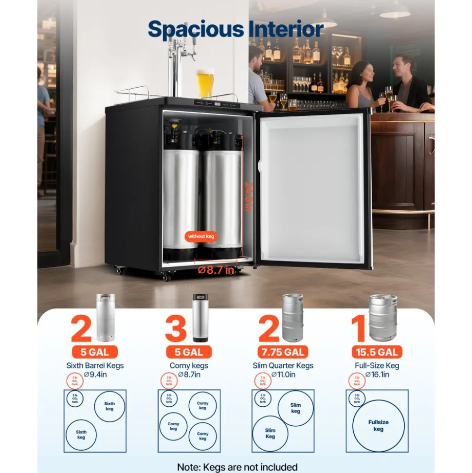 VEVOR Beer Kegerator, Triple Tap Home Draft Beer Dispenser for Ball Lock, Full Size Keg Refrigerator with 5lbs CO2 Tank, Hold 2 Sixth / 2 Slim / 3 Ball lock keg, 162L