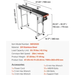 VEVOR Belt Conveyor, 47 x 7.8 inch Conveyor Table, Heavy Duty Stainless Steel Motorized Belt Conveyor for Inkjet Coding Applications Powered PVC Belt Anti-Static Adjustable Speed (Double Guardrail)