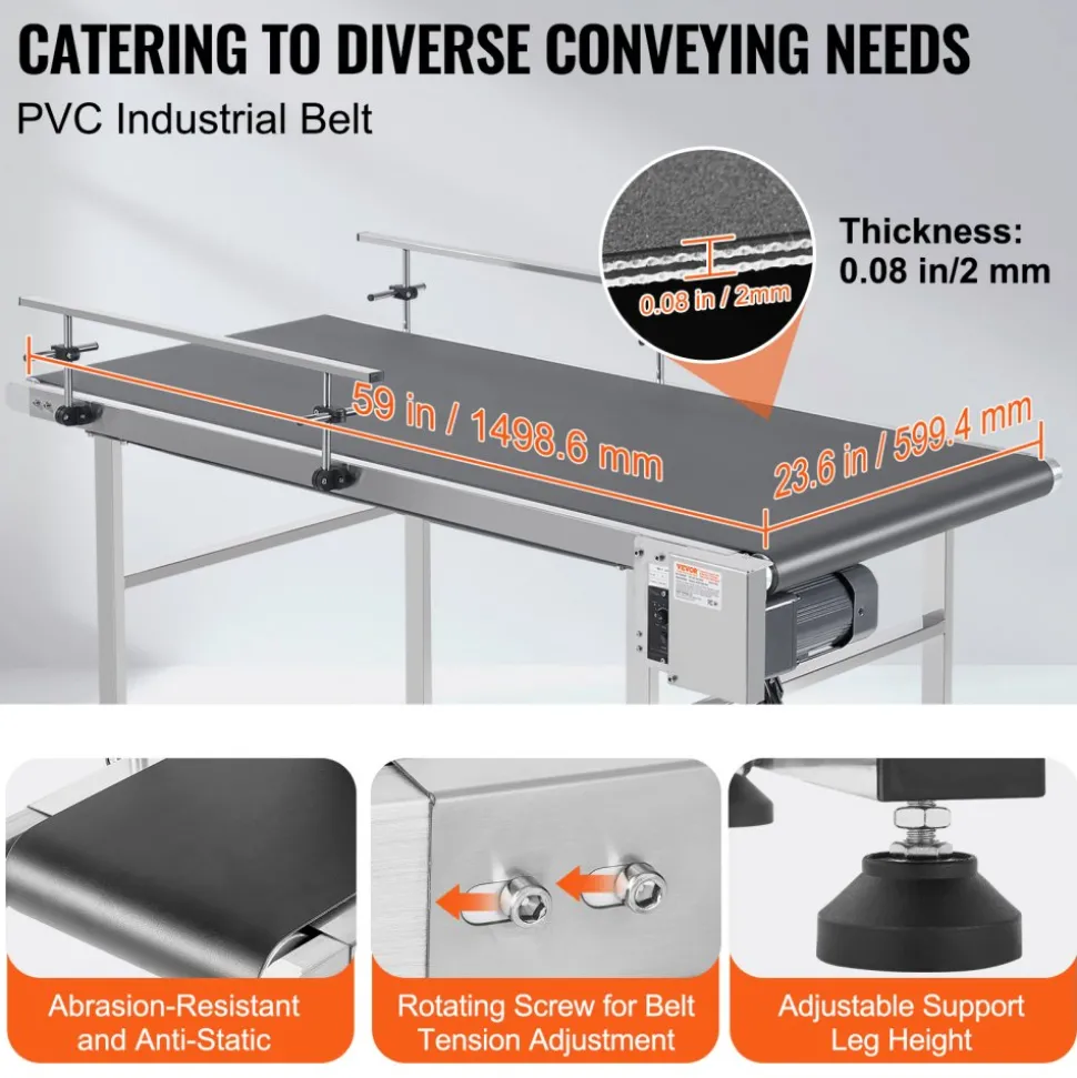 VEVOR Belt Conveyor, 59 x 23.6 inch Conveyor Table, Heavy Duty Stainless Steel Motorized Belt Conveyor for Inkjet Coding Applications Powered PVC Belt Anti-Static Adjustable Speed (Double Guardrail)