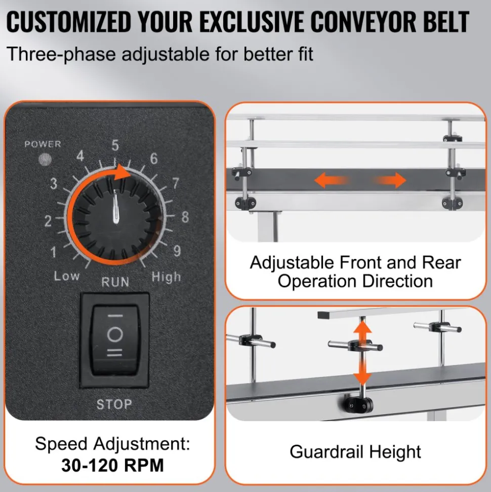 VEVOR Belt Conveyor, 59 x 23.6 inch Conveyor Table, Heavy Duty Stainless Steel Motorized Belt Conveyor for Inkjet Coding Applications Powered PVC Belt Anti-Static Adjustable Speed (Double Guardrail)