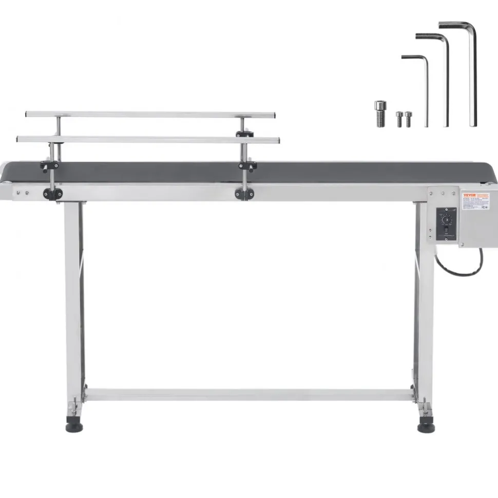 VEVOR Belt Conveyor, 59 x 23.6 inch Conveyor Table, Heavy Duty Stainless Steel Motorized Belt Conveyor for Inkjet Coding Applications Powered PVC Belt Anti-Static Adjustable Speed (Double Guardrail)