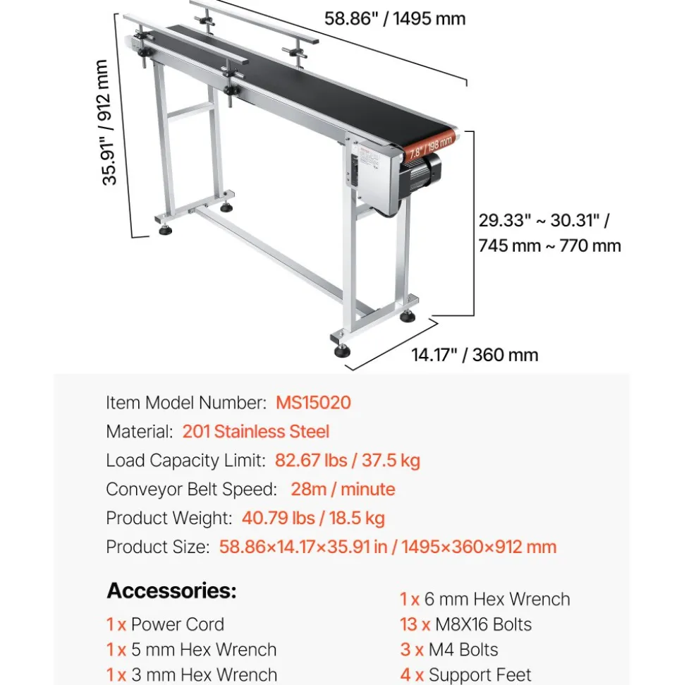 VEVOR Belt Conveyor, 59 x 7.8 inch Conveyor Table, Heavy Duty Stainless Steel Motorized Belt Conveyor for Inkjet Coding Applications Powered PVC Belt Anti-Static Adjustable Speed (Double Guardrail)