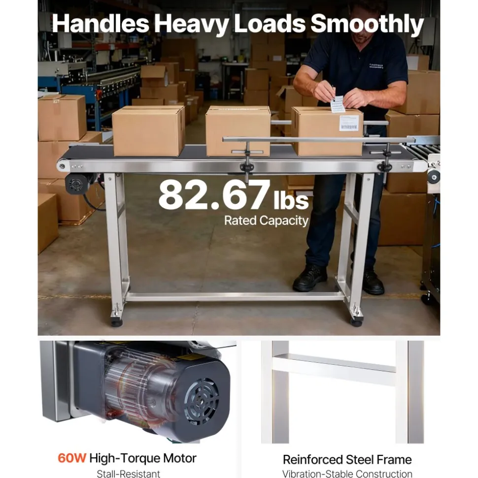 VEVOR Belt Conveyor, 59 x 7.8 inch Conveyor Table, Heavy Duty Stainless Steel Motorized Belt Conveyor for Inkjet Coding Applications Powered PVC Belt Anti-Static Adjustable Speed (Double Guardrail)