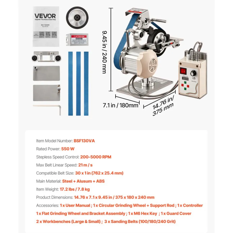 VEVOR Belt Grinder Sander with VFD, 30 x 1-Inch Variable Speed Belt Polisher, 550W Polishing Grinding Machine with 2 Grinding Modes & 3PCS Sanding Belts for Metalworking, Knife Making