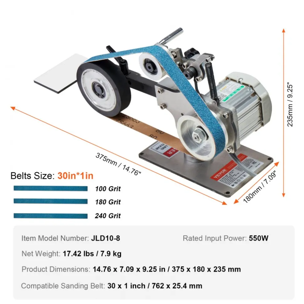 VEVOR Belt Grinder Sander, 30 x 1-Inch Variable Speed Belt Polisher with VFD, 550W Polishing Grinding Machine with 2 Grinding Moulds & 3PCS Sanding Belts for Metalworking, Knife Making