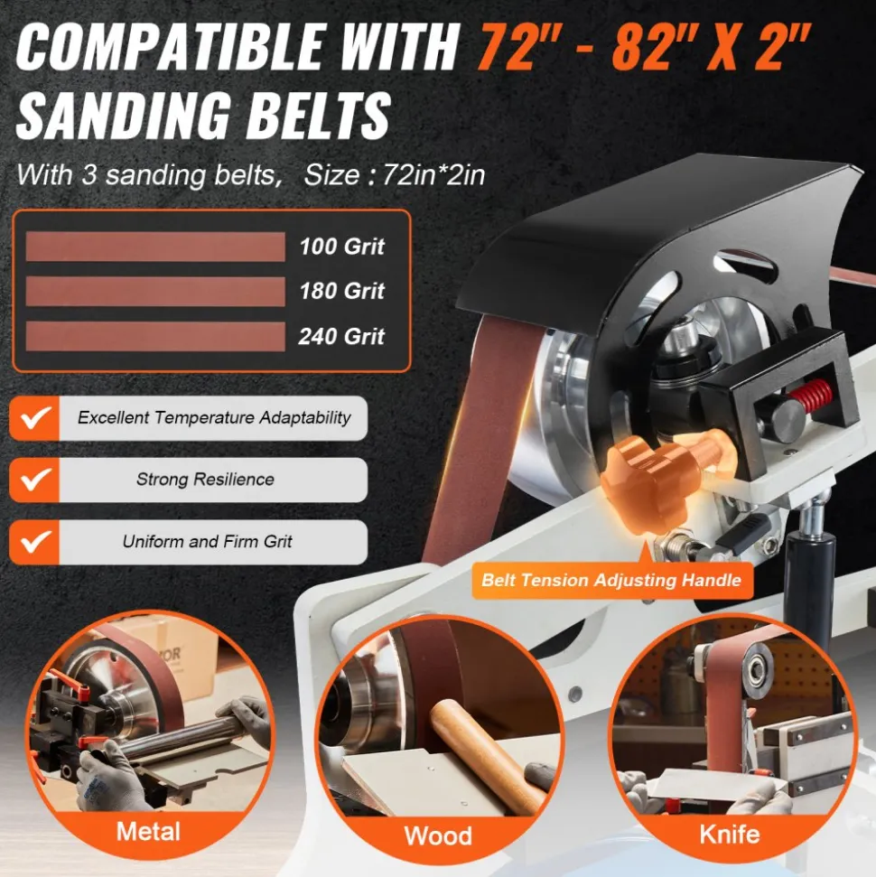 VEVOR Belt Grinder Sander, 72 x 2-Inch Variable Speed Belt Polisher with VFD, 1500W Knife Sharpener with 3 Grinding Moulds & 3PCS Sanding Belts for Metalworking, Compatible with 72"- 82*2" Belts