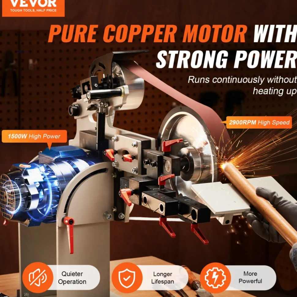 VEVOR Belt Grinder Sander, 72 x 2-Inch Variable Speed Belt Polisher with VFD, 1500W Knife Sharpener with 3 Grinding Moulds & 3PCS Sanding Belts for Metalworking, Compatible with 72"- 82*2" Belts