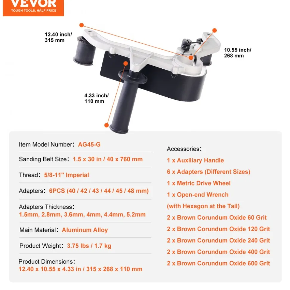 VEVOR Belt Sander Adapter for Angle Grinder, Pipe or Tube Sanding Attachment with 5/8-11" Imperial Thread and 10PCS Sanding Belts, Belt Sander Attachment Pipe Polishing Adapter for Rust Removal