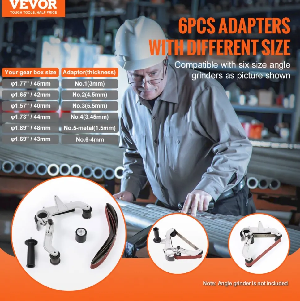 VEVOR Belt Sander Adapter for Angle Grinder, Pipe or Tube Sanding Attachment with 5/8-11" Imperial Thread and 10PCS Sanding Belts, Belt Sander Attachment Pipe Polishing Adapter for Rust Removal