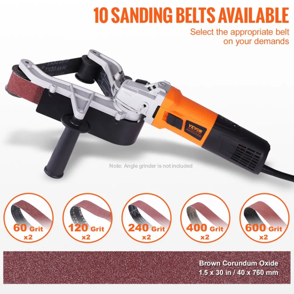 VEVOR Belt Sander Adapter for Angle Grinder, Pipe or Tube Sanding Attachment with 5/8-11" Imperial Thread and 10PCS Sanding Belts, Belt Sander Attachment Pipe Polishing Adapter for Rust Removal