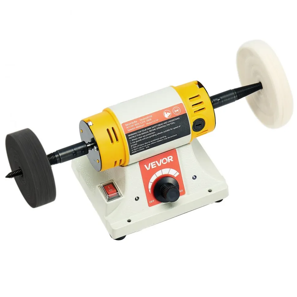 VEVOR Bench Buffer Polisher, 1/2HP Polishing Buffing Machine, 0 to 8000RPM Benchtop Polisher Grinder with 4" Cloth Wheel, 3" Grinding Wheel & 3" Fiber Wheel for Metal, Jewelry, Wood and Plastic