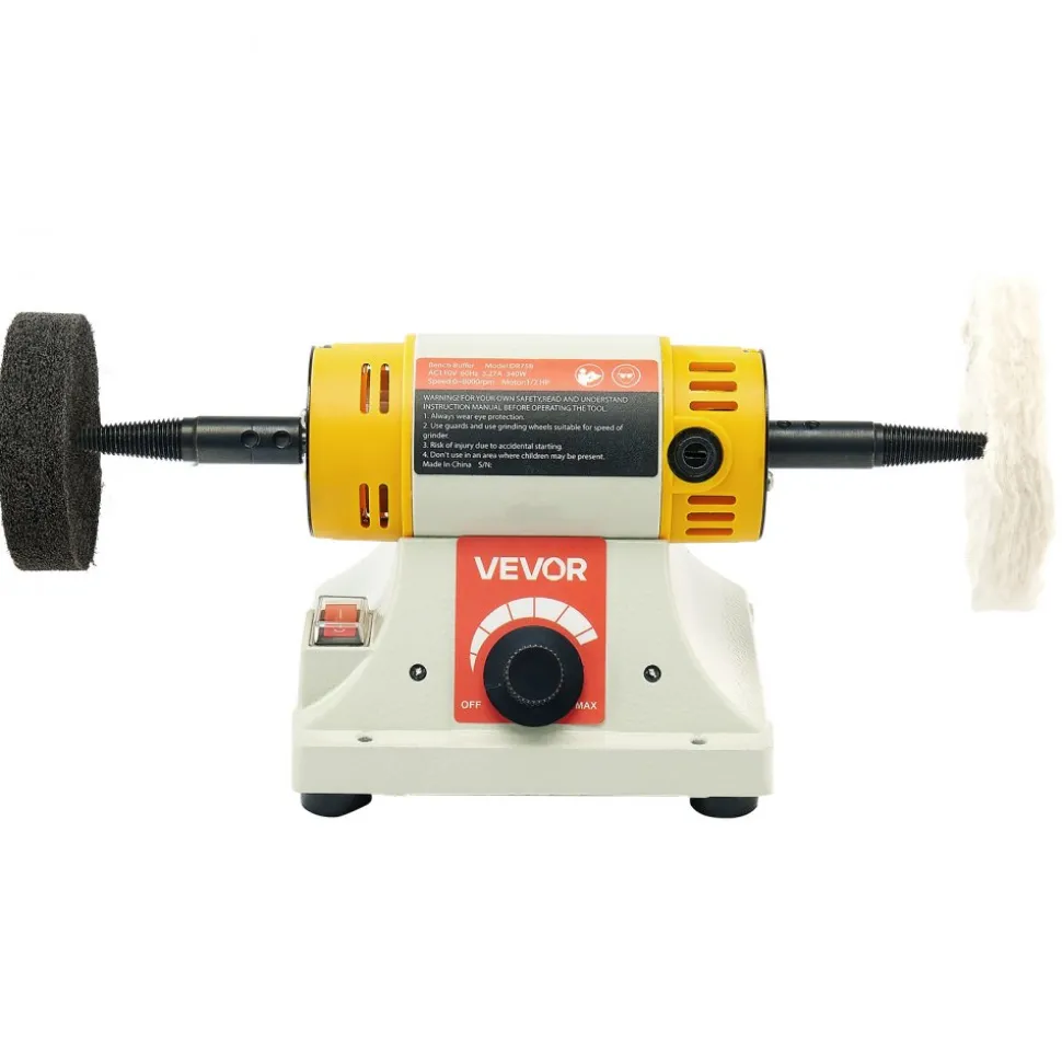 VEVOR Bench Buffer Polisher, 1/2HP Polishing Buffing Machine, 0 to 8000RPM Benchtop Polisher Grinder with 4" Cloth Wheel, 3" Grinding Wheel & 3" Fiber Wheel for Metal, Jewelry, Wood and Plastic
