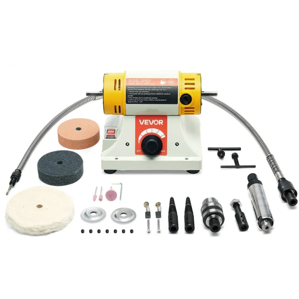 VEVOR Bench Buffer Polisher, 1/2HP Polishing Buffing Machine, 0 to 8000RPM Benchtop Polisher Grinder with 4" Cloth Wheel, 3" Grinding Wheel & 3" Fiber Wheel for Metal, Jewelry, Wood and Plastic
