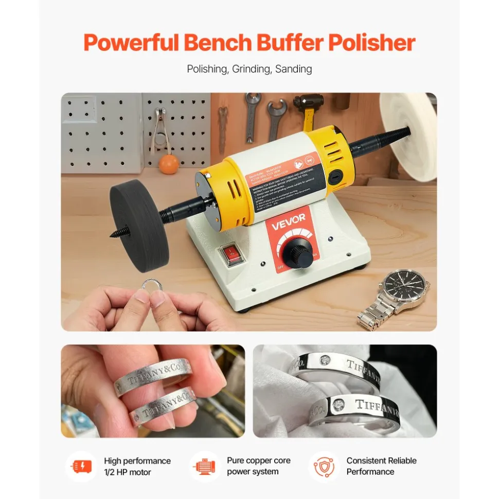 VEVOR Bench Buffer Polisher, 1/2HP Polishing Buffing Machine, 0 to 8000RPM Benchtop Polisher Grinder with 4" Cloth Wheel, 3" Grinding Wheel & 3" Fiber Wheel for Metal, Jewelry, Wood and Plastic