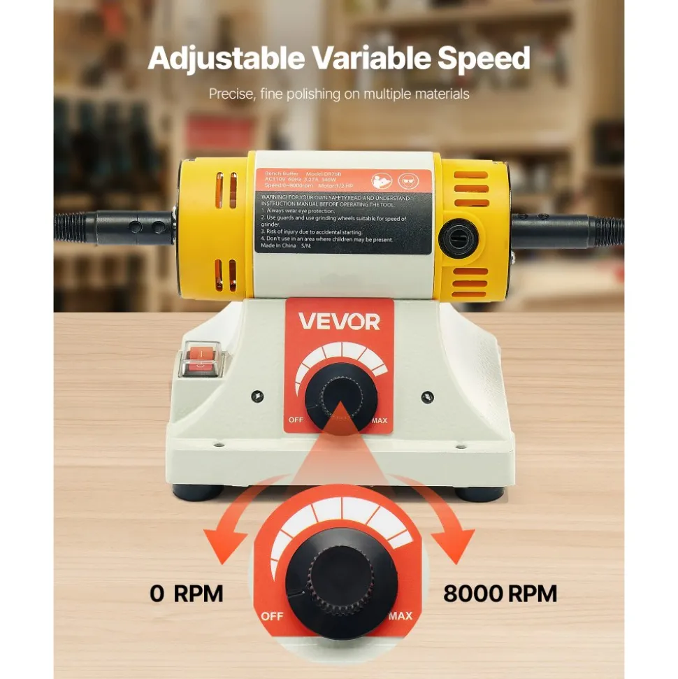 VEVOR Bench Buffer Polisher, 1/2HP Polishing Buffing Machine, 0 to 8000RPM Benchtop Polisher Grinder with 4" Cloth Wheel, 3" Grinding Wheel & 3" Fiber Wheel for Metal, Jewelry, Wood and Plastic