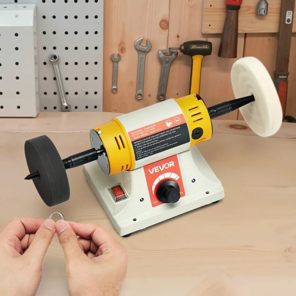 VEVOR Bench Buffer Polisher, 1/2HP Polishing Buffing Machine, 0 to 8000RPM Benchtop Polisher Grinder with 4" Cloth Wheel, 3" Grinding Wheel & 3" Fiber Wheel for Metal, Jewelry, Wood and Plastic