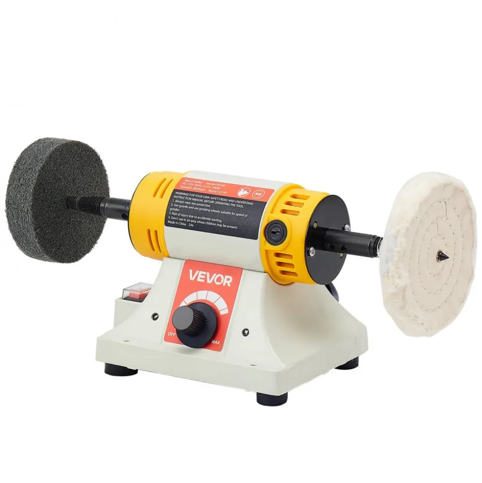 VEVOR Bench Buffer Polisher, 1/2HP Polishing Buffing Machine, 0 to 8000RPM Benchtop Polisher Grinder with 4" Cloth Wheel, 3" Grinding Wheel & 3" Fiber Wheel for Metal, Jewelry, Wood and Plastic