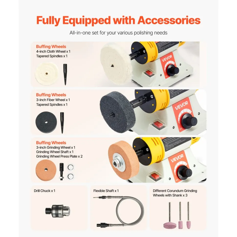 VEVOR Bench Buffer Polisher, 1/2HP Polishing Buffing Machine, 0 to 8000RPM Benchtop Polisher Grinder with 4" Cloth Wheel, 3" Grinding Wheel & 3" Fiber Wheel for Metal, Jewelry, Wood and Plastic
