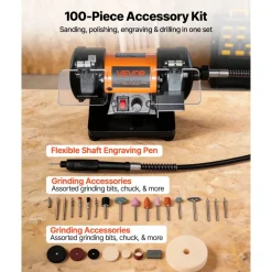 VEVOR Bench Buffer Polisher, 8300-10600 RPM Adjustable Speed, Polishing & Buffing Machine with Grinding, Fiber, and Wool Wheels, 100-Piece Accessory Kit, for Jewelry, Wood, Metal, Raw Stone, Jade DIY