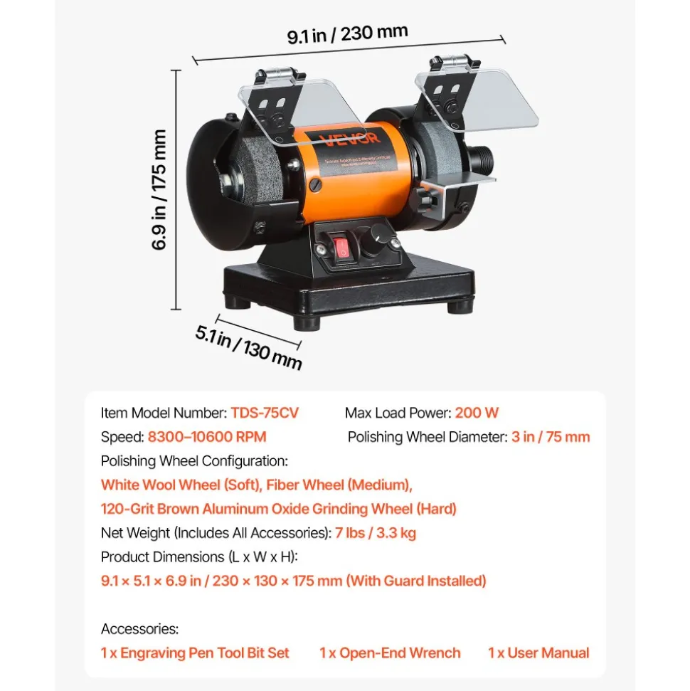 VEVOR Bench Buffer Polisher, 8300-10600 RPM Adjustable Speed, Polishing & Buffing Machine with Grinding, Fiber, and Wool Wheels, 100-Piece Accessory Kit, for Jewelry, Wood, Metal, Raw Stone, Jade DIY