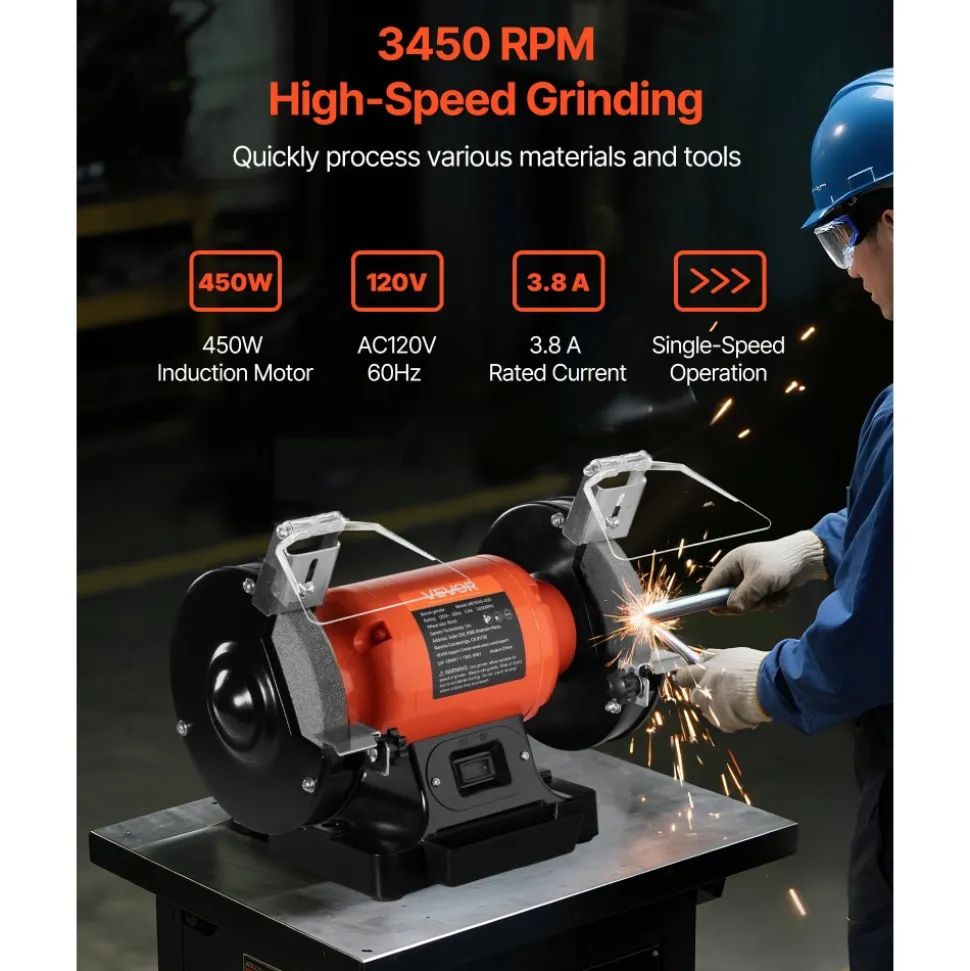 VEVOR Bench Grinder, 6-inch Single Speed Bench Grinder, 3450RPM High-Speed Table Grinders with 250W 2.1A Induction Motor, 36/60-Grit Grinding Wheels & LED Work Light for Fast Sharpening Grinding