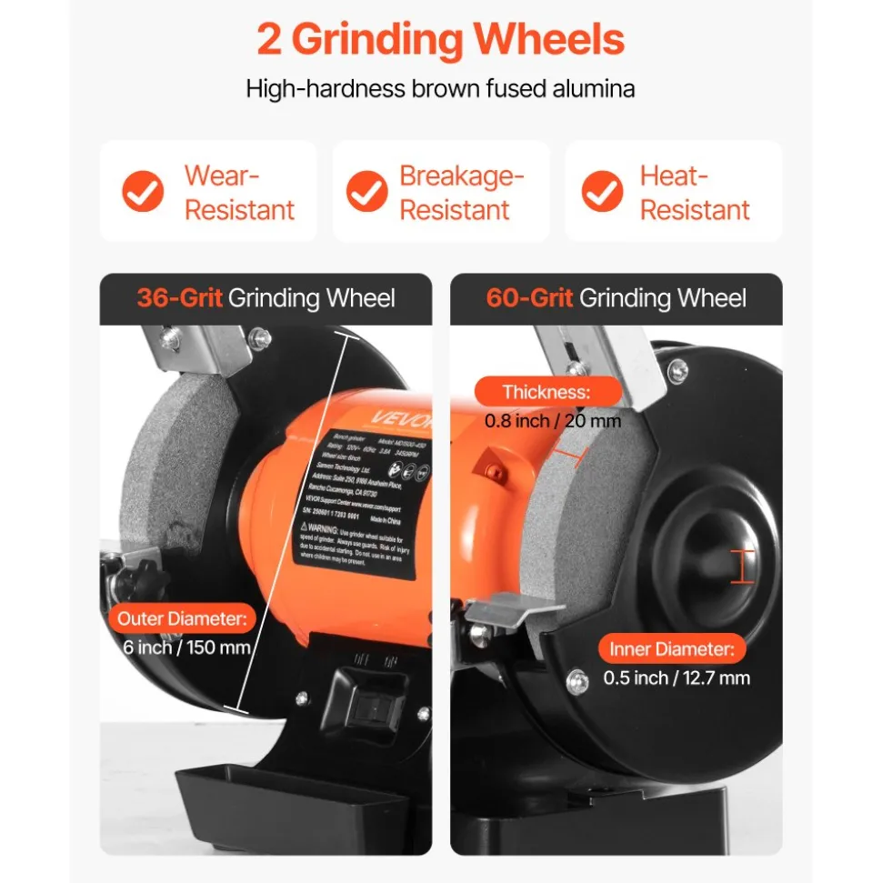 VEVOR Bench Grinder, 6-inch Single Speed Bench Grinder, 3450RPM High-Speed Table Grinders with 250W 2.1A Induction Motor, 36/60-Grit Grinding Wheels & LED Work Light for Fast Sharpening Grinding