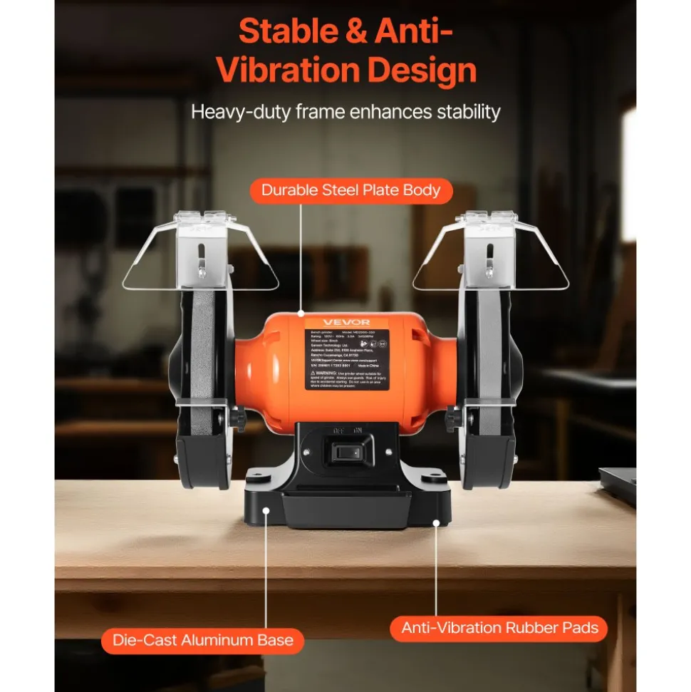 VEVOR Bench Grinder, 8-inch Single Speed Bench Grinder, 3450RPM High-Speed Table Grinders with 350W 3.0A Induction Motor, 36/60-Grit Grinding Wheel & Adjustable Eye Shield for Fast Sharpening Grinding
